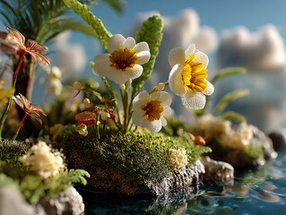 miniature scene with a variety of plants and flowers on a small piece of land surrounded by water. The plants include white and yellow flowers, green foliage, and some brownish elements