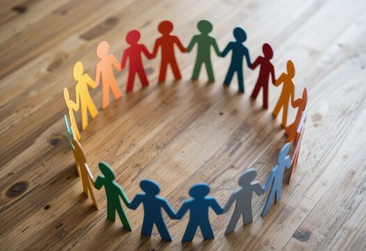 Grupo diverso de personas recortadas en papel de colores formando un c&iacute;rculo sobre una mesa