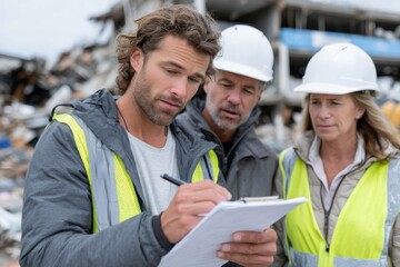Obraz premium Three engineers with safety gear investigate a construction site, highlighting teamwork and professional analysis in evaluating project safety and environmental conditions.