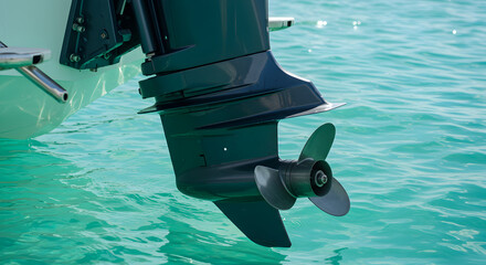Boat Motor and Propeller Submerged in Turquoise Water on a Bright Day for Transportation and Travel