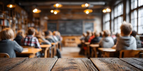 Classroom interior, blurred, features students from behind at long table facing chalkboard. Soft light from large windows, bokeh effect. Photorealistic.
