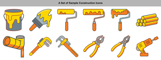 Obraz premium Construction Tools Set Bucket, Brush, Rollers, Pipes, Wrench and Pliers on White Background
