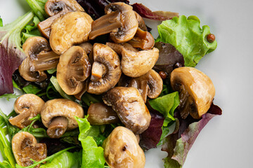 Mushrooms pickled champignon salad snack fresh delicious gourmet food background on the table rustic food top view copy space keto and paleo diet vegetarian and vegan food