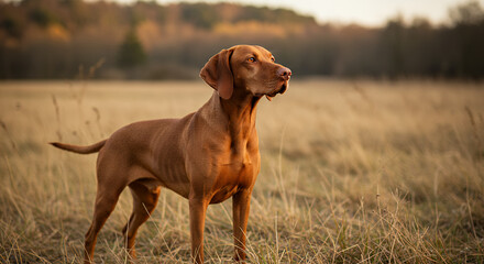 Vizsla in Golden Light: Majestic Dog Portrait in Autumn Field - Loyal Companion & Hunting Breed