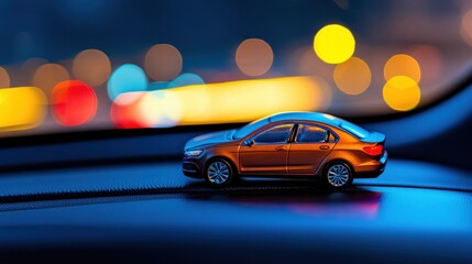 A detailed view of a miniature orange sedan placed on a car dashboard at night with blurred city lights