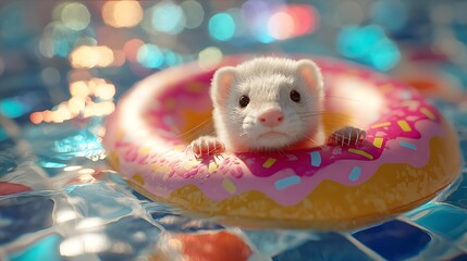 A ferret peeking curiously from inside a pool float 