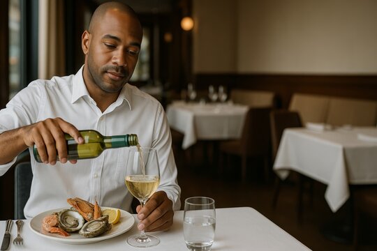 African American man pouring white wine while enjoying seafood - Powered by Adobe