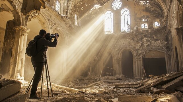 Photographer documents sunlit ruin; debris, destruction.