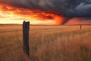 Fiery sunset over golden prairie, a weathered fence post stands sentinel before an approaching storm.