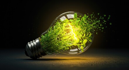 Sustainable energy, a glowing light bulb filled with plants