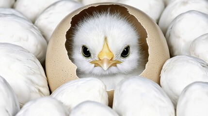Newborn Bird Emerging from Egg Surrounded by White Eggs