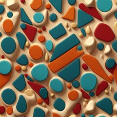 Seamless colorful vector pattern design with geometric shapes of beads, balls, and pills on a vibrant backdrop