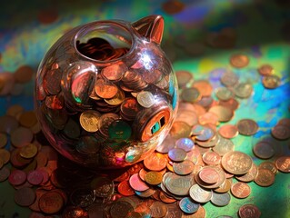 Sparkling Piggy Bank Filled with Coins on Colorful Background