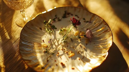 Elegant Dinner Plate with Flower Garnish and Fine Dining Decor