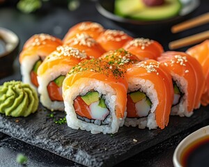 Fresh Colorful Sushi Rolls on Slate Plate with Green Wasabi Sauce