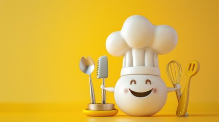 Cute cartoon chef character with kitchen utensils on yellow background