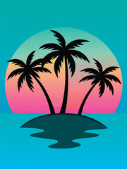 Tropical island landscape. Flat silhouette with palm trees, turquoise sea and soft gradient sunset sky. Summer beach scene vector illustration