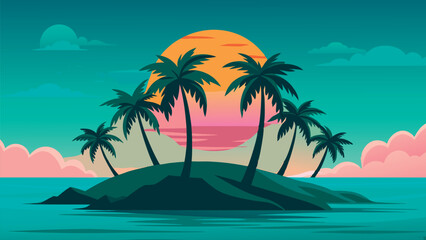 Tropical island landscape. Flat silhouette with palm trees, turquoise sea and soft gradient sunset sky. Summer beach scene vector illustration