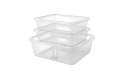 Set of three clear plastic containers with lids for optimized food storage and kitchen organization