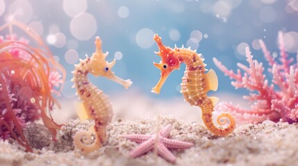Two Colorful Seahorses Interacting Underwater in a Coral Reef
