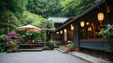 Fototapeta premium Tranquil Japanese garden with wooden structure, gravel path, and outdoor seating under parasols in a Zen-inspired landscape.