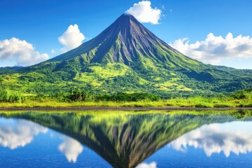Fototapeta premium Majestic volcano reflected in a tranquil lake. Lush green landscape surrounds the peak