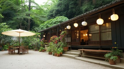 Tranquil Japanese garden with wooden structure, gravel path, and outdoor seating under parasols in a Zen-inspired landscape.