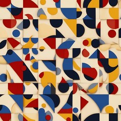 Retro blue seamless geometric pattern design features colorful square and rhombus shapes in a vintage textile illustration