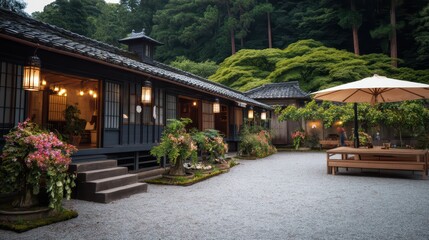 Fototapeta premium Tranquil Japanese garden with wooden structure, gravel path, and outdoor seating under parasols in a Zen-inspired landscape.