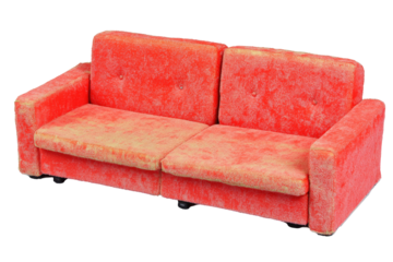 A vibrant coral-colored sofa