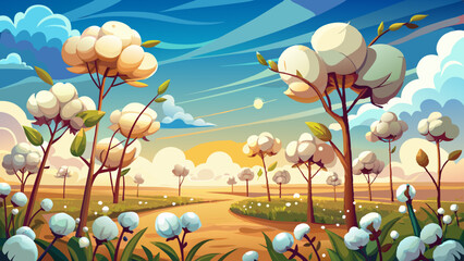 Cotton plants grow under a bright sky with fluffy clouds in a sprawling field during a warm afternoon Very beautiful