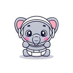 Cute Cartoon Baby Elephant Wearing Astronaut Helmet Wearing Diaper Illustration Icon Vector, Animals Science.Cartoon Style Flat