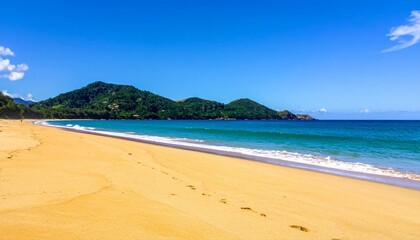Naklejka premium Golden Sand Expanse Kissed by Turquoise Waters of Ocean Stretches Out Under Clear Blue Sky with Lush Green Hills in Background