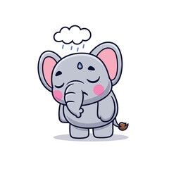 Cute Cartoon Tired Sleepy Elephant Rain Clouds Illustration Icon Vector, Animals Nature, Cartoon Style Flat