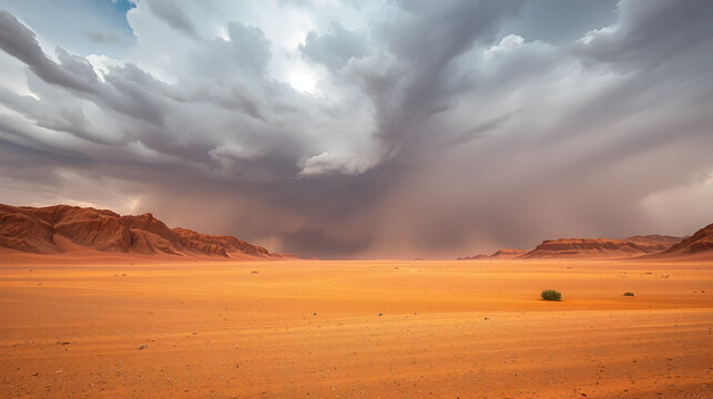 Desert landscape with thunderclouds and sandstorm in Lower Najd, Saudi Arabia
