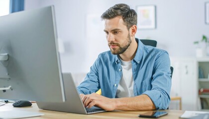 Focused Professional Working in a Bright Home Office Bathed in Soft Monitor Light with a Modern Aesthetic