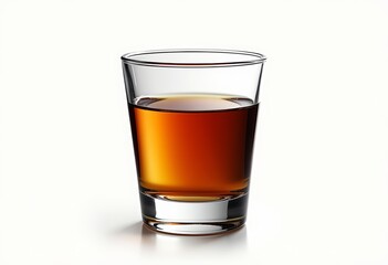 Antique brandy snifter filled with amber liquid on white background  