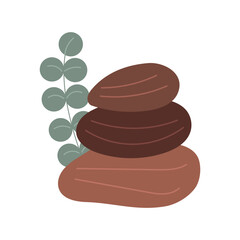 Meditation time, hand drawn element massage stones with leaves. Vector flat illustration of meditation stuff, equipment, yoga accessories