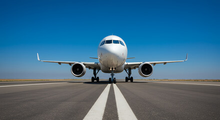Airplane Front View: Runway Ready, Blue Sky Above! Aviation, Travel, and Transportation Stock Photo