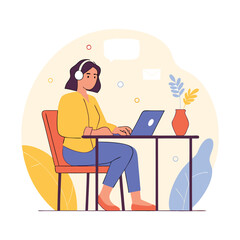 Work from home concept. Vector illustration in trendy flat style of a young pretty woman sitting on a red chair in her apartment and working on a laptop at the desk. Isolated on background
