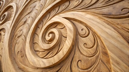 Intricate Swirling Wood Carving with Leaf Motifs