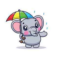 Obraz premium Cute Cartoon Elephant Holding Umbrella Rain Illustration Icon Vector, Animals Nature, Cartoon Style Flat