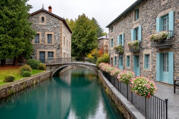 A stone bridge connecting two sides of a medieval town across a narrow river