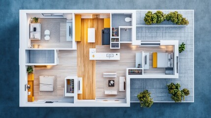 Interior design floor plan drawn in blueprint style with furniture and room layout visualization