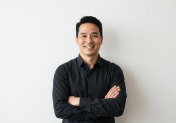 Smiling asian man in black shirt with arms crossed stands against a white wall