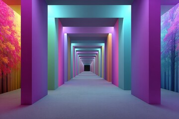 Fototapeta premium A stylized 3D hallway in a dreamscape world where the walls are shifting in color and pattern