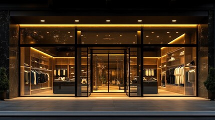 Stylish storefront at night showcasing modern retail interior.