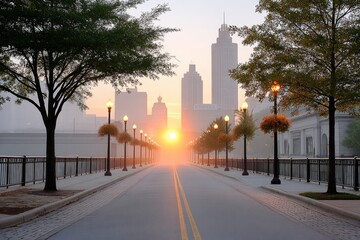 Fototapeta premium A sunrise over a city center skyline with mist lifting off the streets