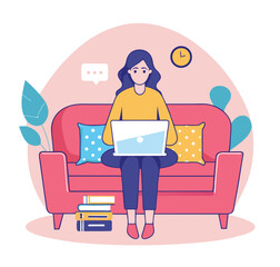 Home office concept. Vector flat illustration of young cartoon woman sitting with a laptop on a sofa in her living room. Isolated on background