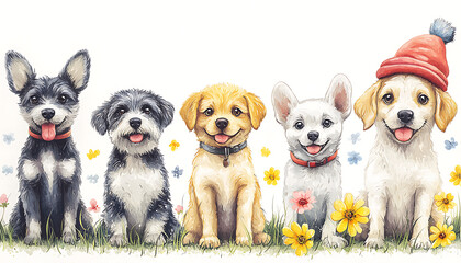 Cute dogs sitting in a meadow